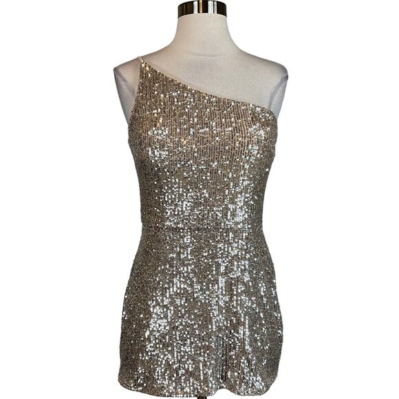 XSCAPE Women's Cocktail Dress Size 10P Gold Sequined One Shoulder Mini Sheath - Picture 1 of 10